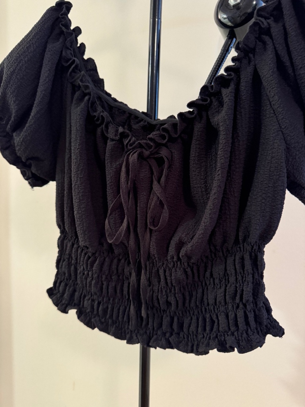 Black Ruffle Tie-Front Smocked Crop Top